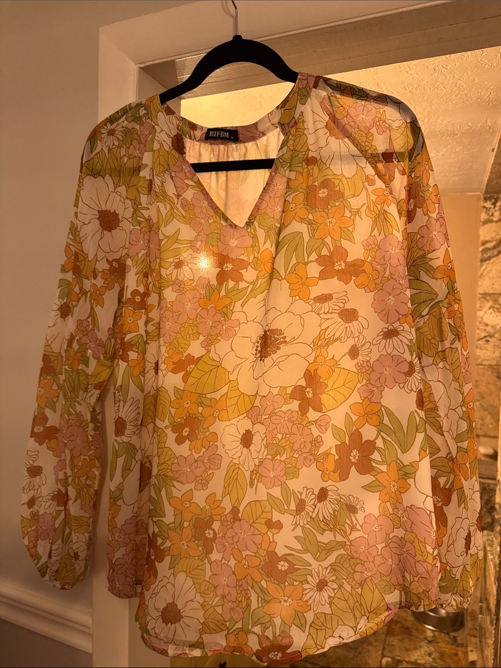Bitten by Bitten Yellow Floral V‑Neck Sheer Blouse